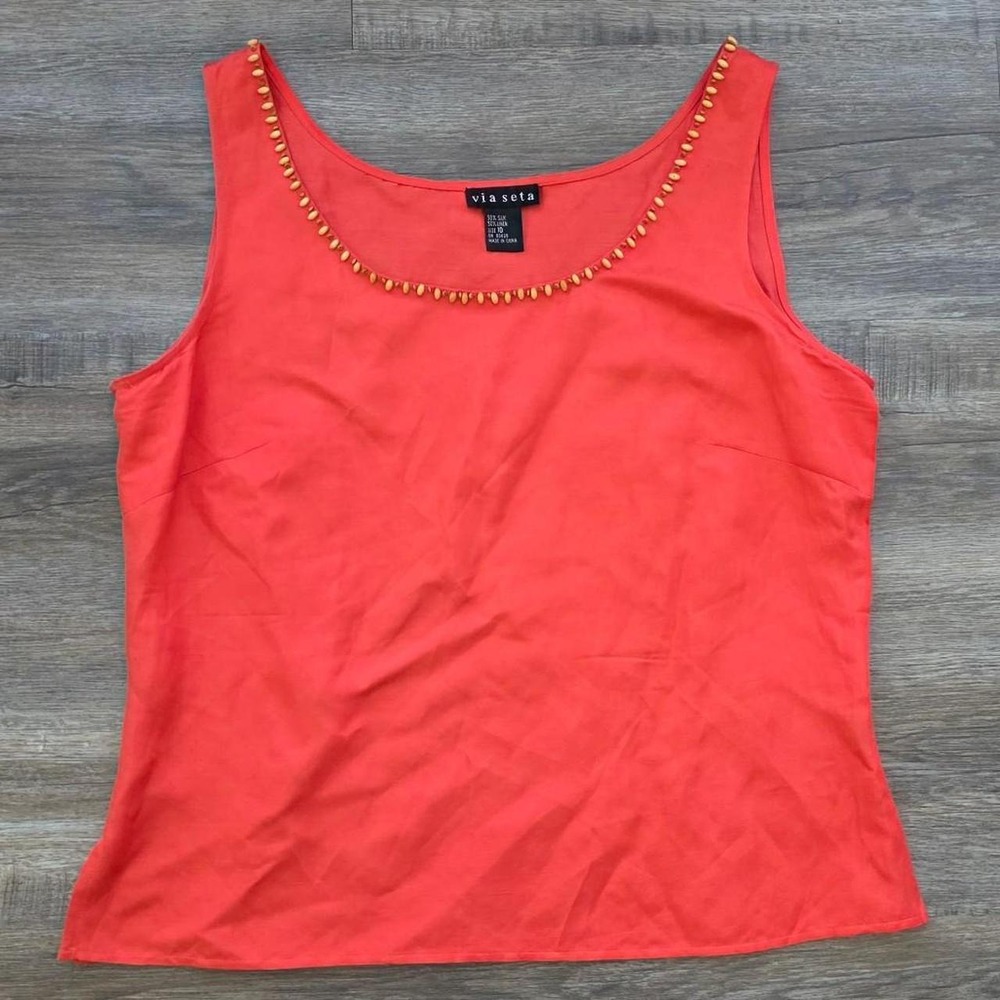 Via Seta Vintage Silk Linen Orange Embellished Tank Top Wood Beads Size M 10